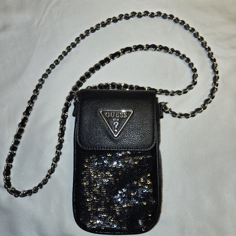 Guess Delon Chit Chat Phone Case Crossbody- Black Sequin